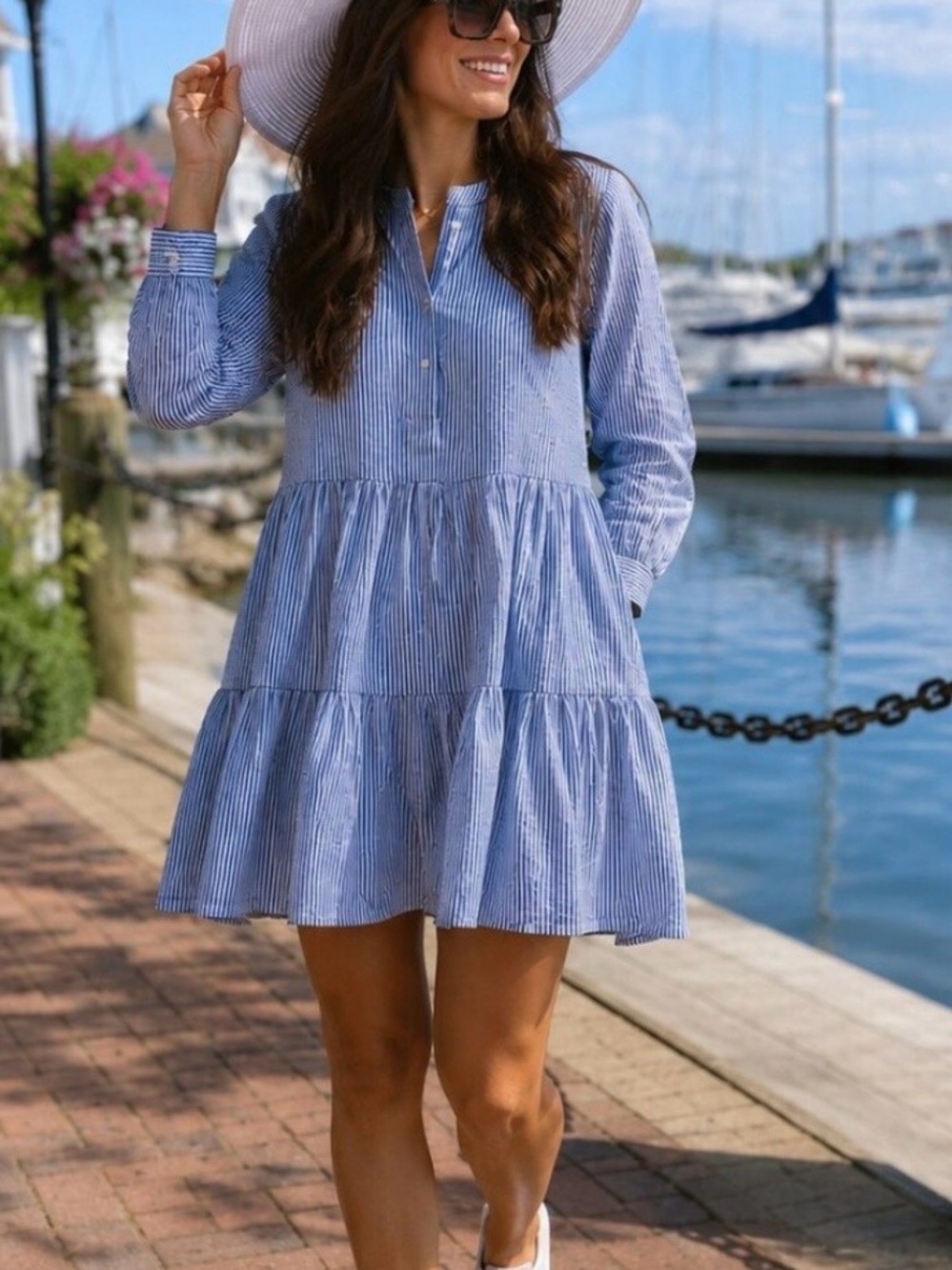 J. Crew Blue Pinstripe Tiered Dress